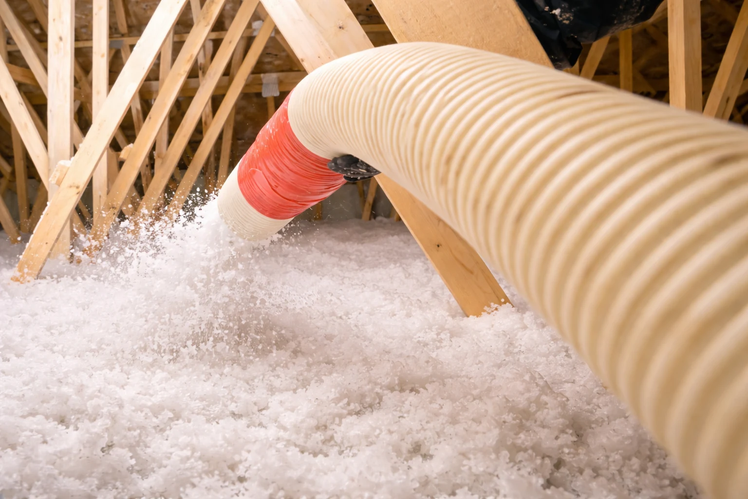 Blown-in cellulose insulation being installed in attic